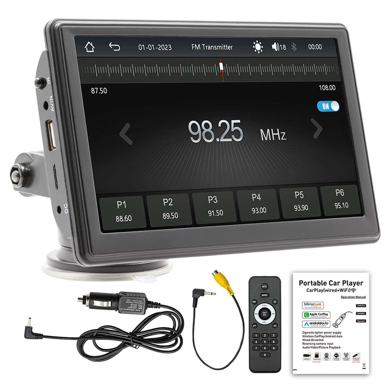 7″ Portable Wireless Carplay Car MP5 Player Multimedia Bluetooth Remote Control