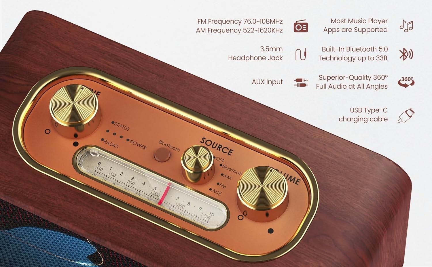 Retro Wood Bluetooth Radio, Vintage AM/FM Speaker, 10W Subwoofer, AUX, Retro …
