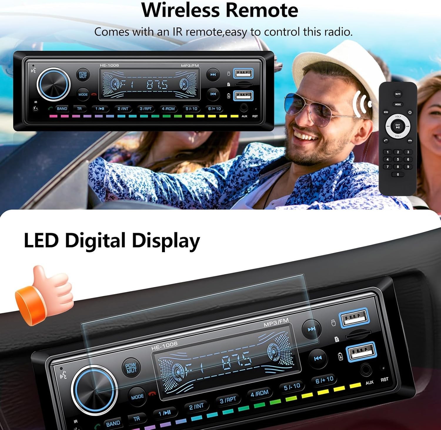 Compact Bluetooth Car Audio Receiver with USB/SD/AUX, Remote Control Included