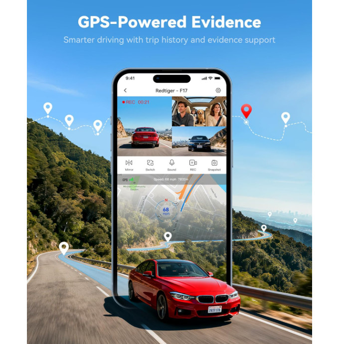 Cámara dash cam 4K de 3 canales con grabación frontal, interior y trasera, WiFi