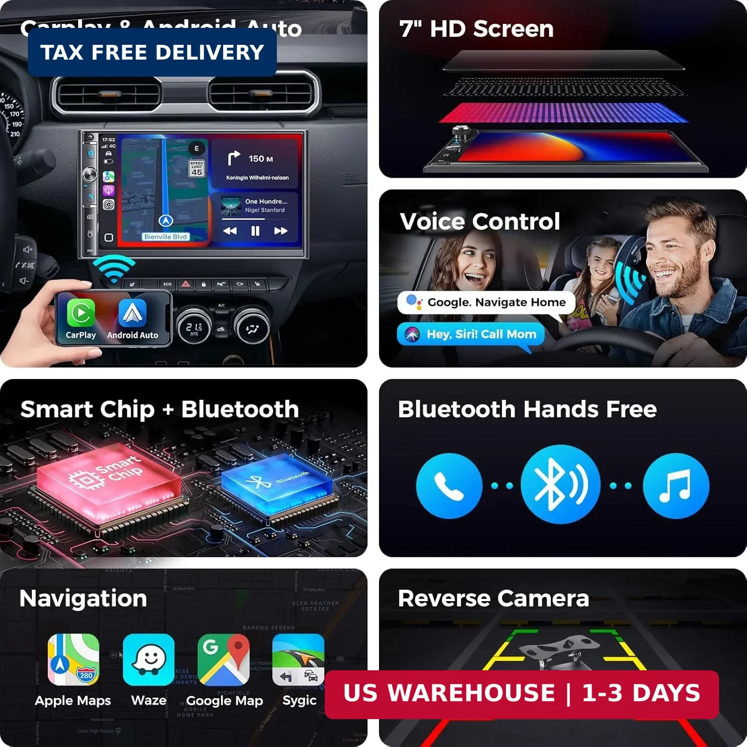 Double Din Car Stereo with 7″ HD Touchscreen, Wireless Apple Carplay & Android A