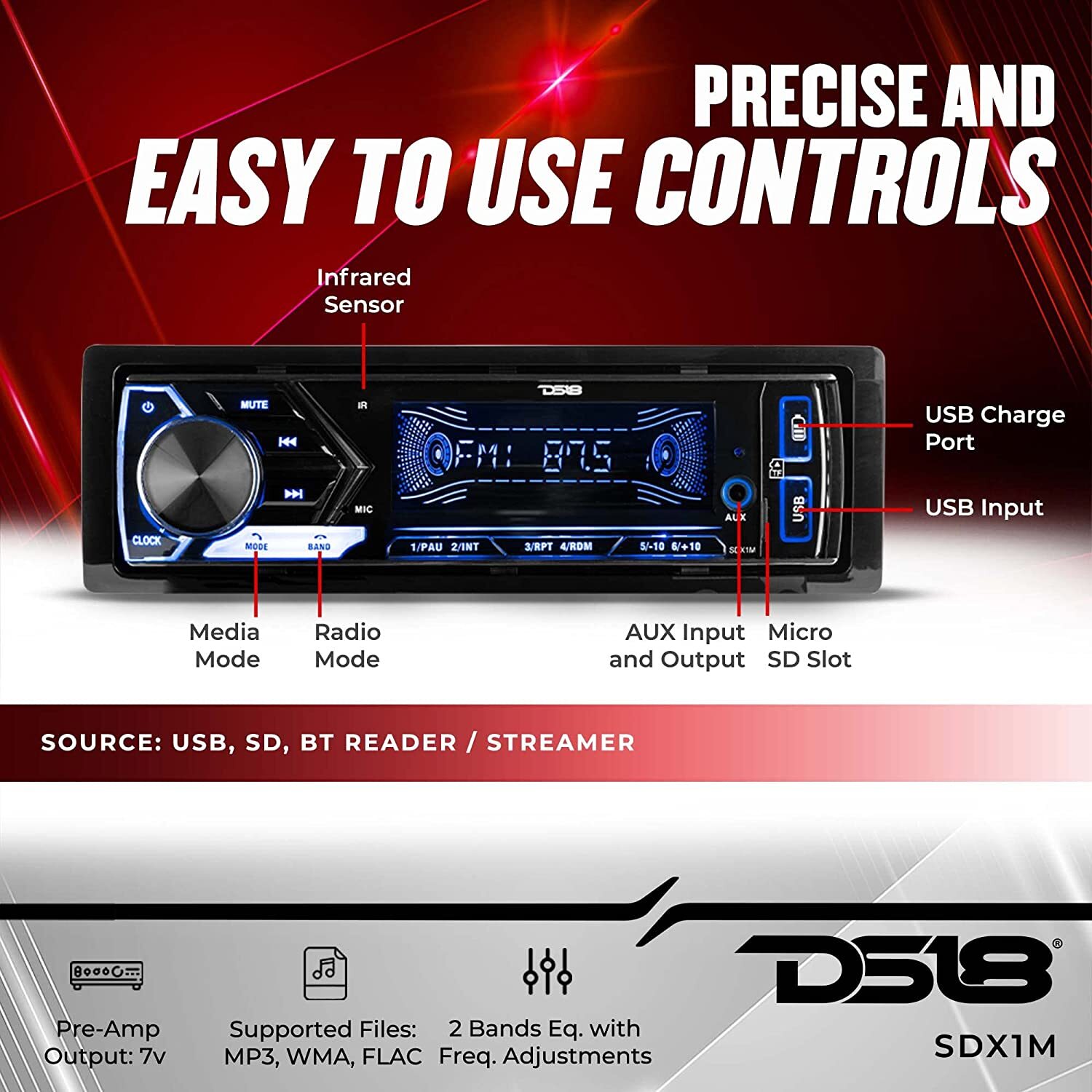 DS18 1 Single Din Bluetooth Radio Car Stereo Audio AUX/FM/SD/MP3 Player Remote