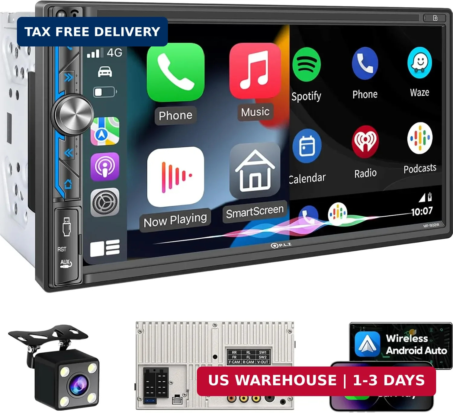 PLZ 7″ Wireless Double Din Car Stereo Apple Carplay Radio Screen for Car Audio R