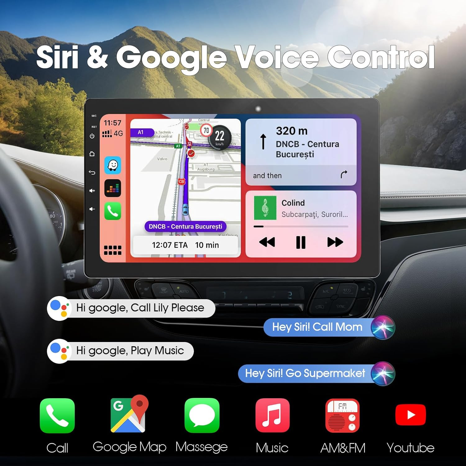 10.1 Inch Single Din Car Stereo, Rotatable Touch Screen Radio with Wireless Appl