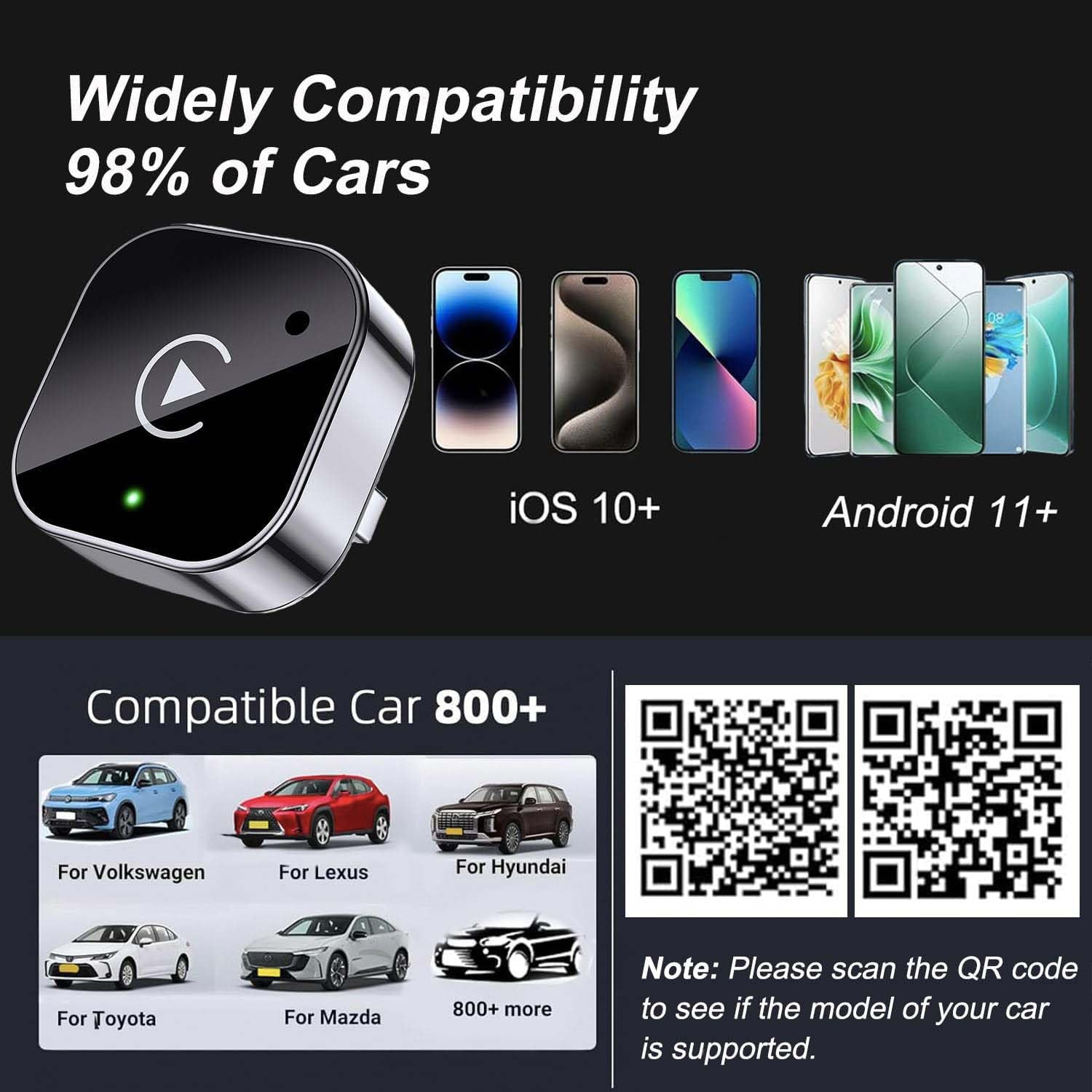 2026 Wireless CarPlay & Android Auto Adapter, Plug & Play, No Latency