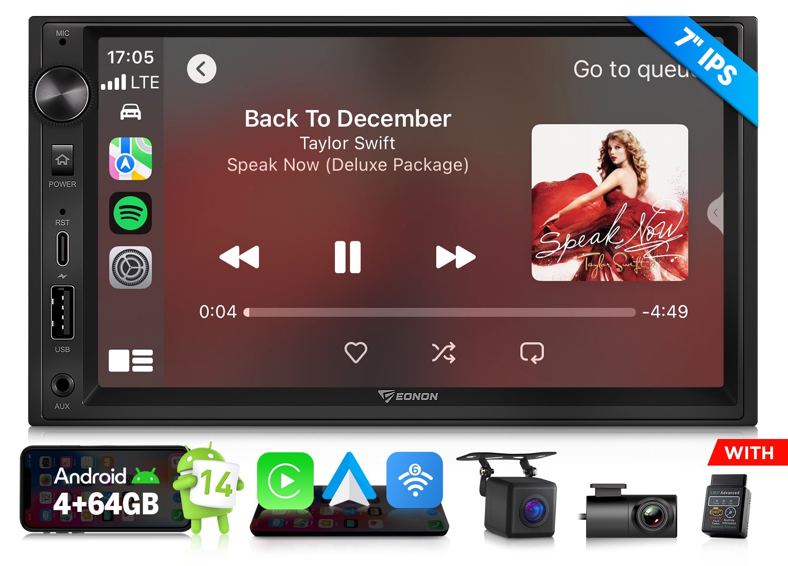 Android 14 Car Stereo 7″ IPS CarPlay GPS Navigation Bluetooth 2 DIN Radio 4+64GB