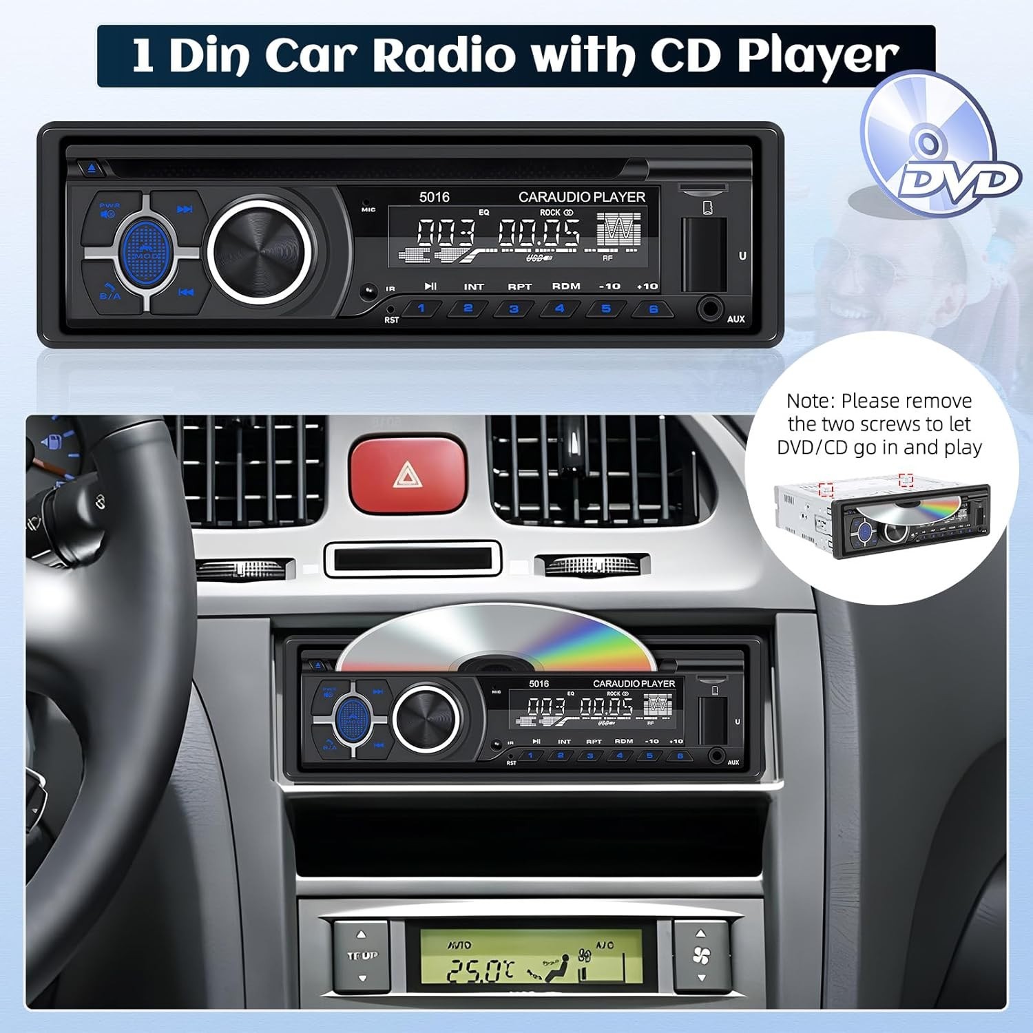 Bluetooth CD Car Stereo with USB Port – AM/FM Radio, MP3 Player, High Contras…