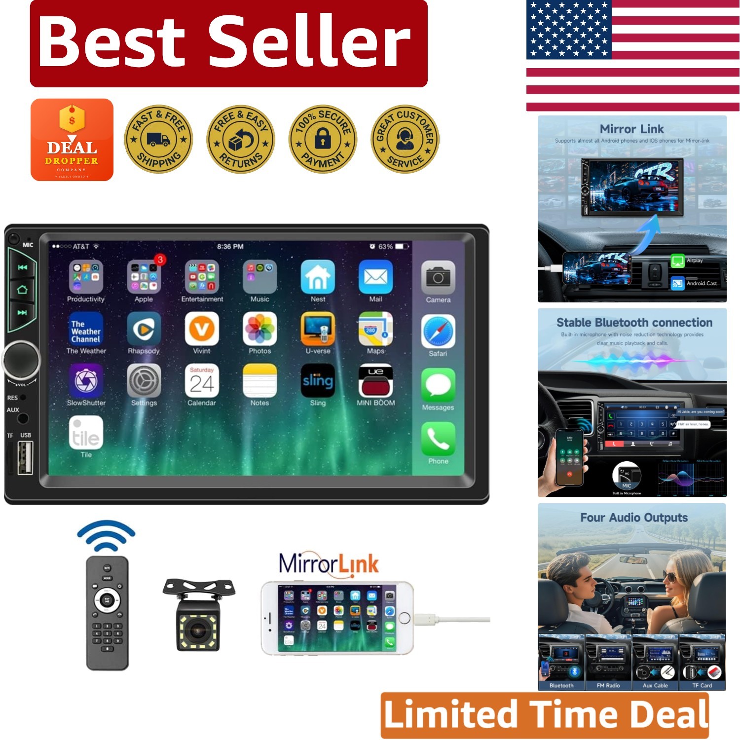 All-in-One 7-Inch Double Din Stereo with Mirror Link, FM, USB & Backup Camera