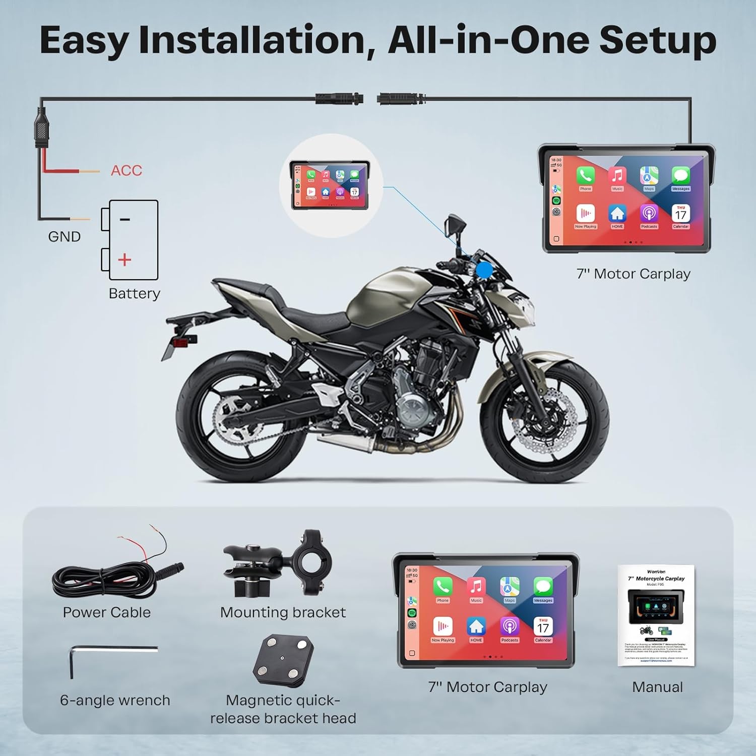 7″ Motorcycle Carplay GPS Navigation Wireless CarPlay & Android Auto Motorbike
