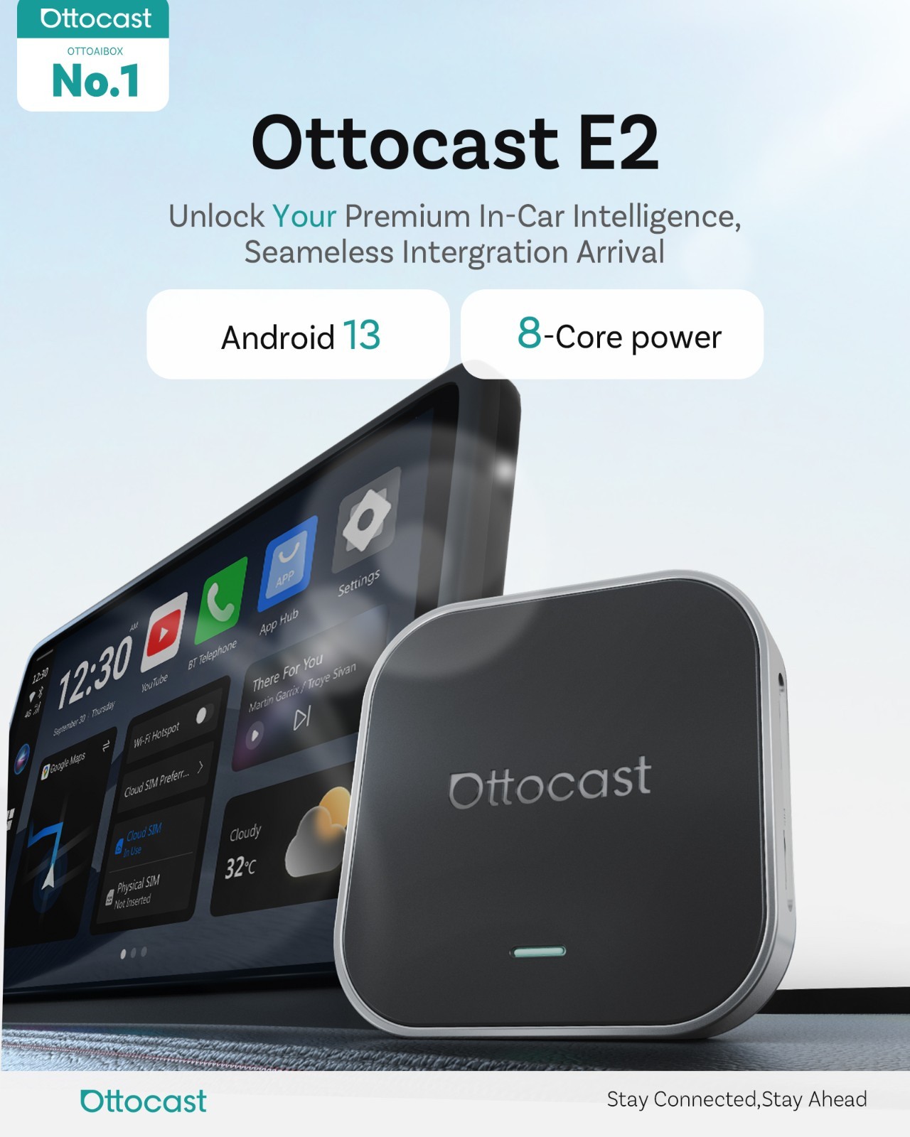 OTTOCAST E2 Video Palyer Ai Box Wireless CarPlay Adapter Android w/YT+TK+APP
