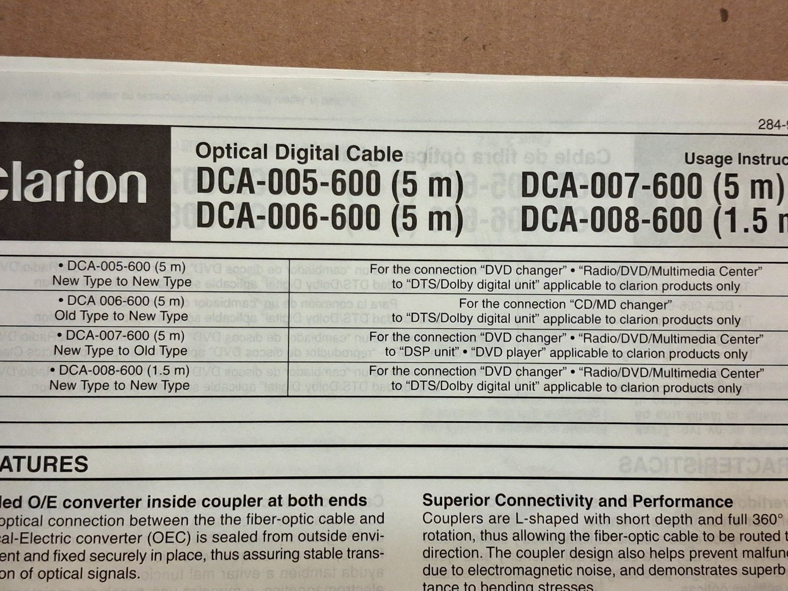 OLD SCHOOL CLARION DCA-005-600 OPTICAL CABLE FOR THE DVD DOES NOT FIT DRZ9255