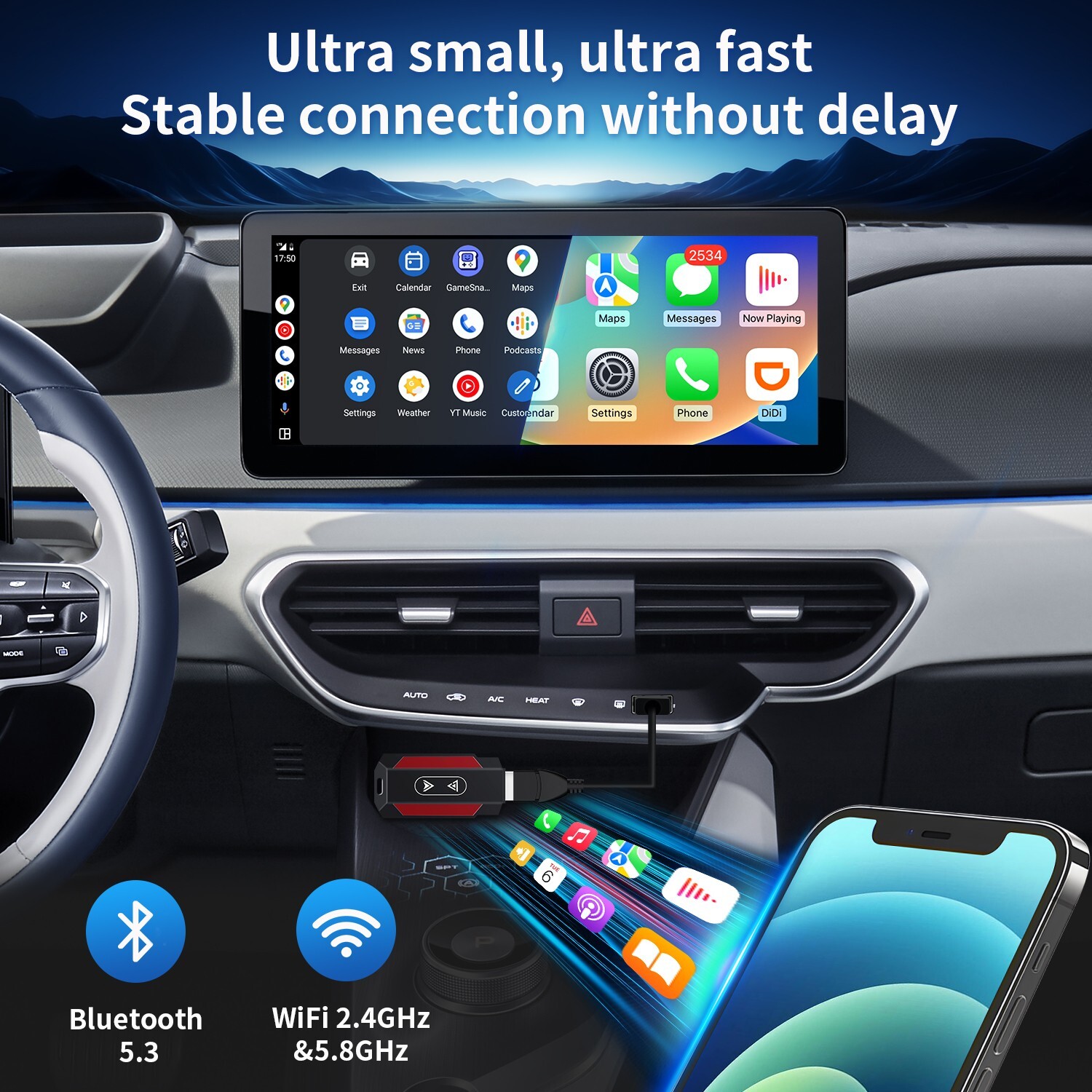 2 In 1 Wired to Wireless CarPlay Adapter For iPhone Apple Carplay Android Auto
