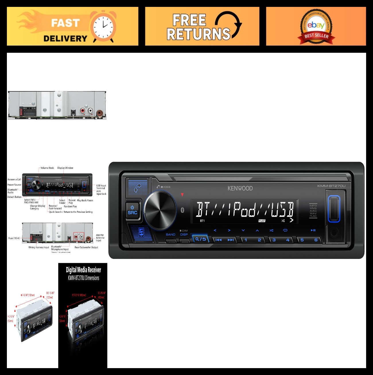 Bluetooth Car Stereo Receiver, USB Port, AM/FM Radio, MP3 Player, Single DIN, 13