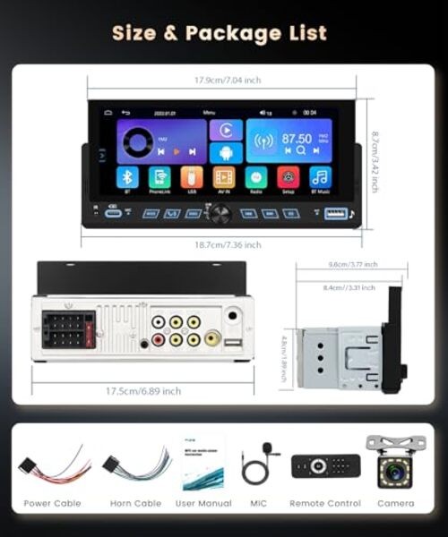 Single DIN Car StereoWireless Carplay Android Auto, 6.86-inch Touch Screen Car