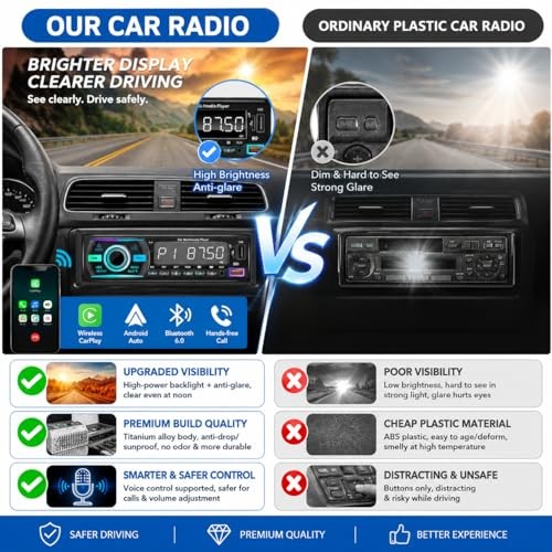 Car Stereo Bluetooth Single Din Radio, Car Audio with Push to Talk BLACK