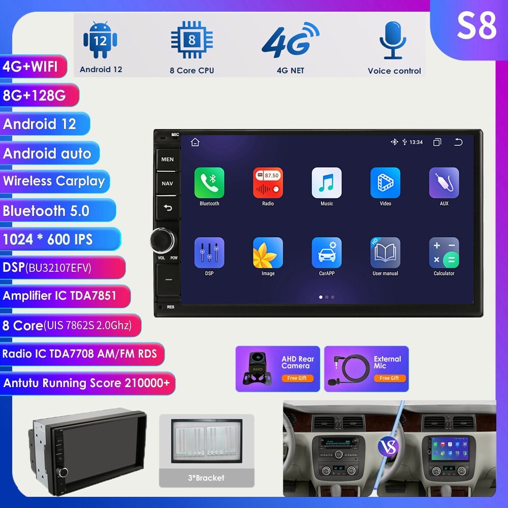 8+128 RAM 2Din 7”Android 12 8Core Car Stereo GPS Radio WiFi CarPlay DSP +AHDCAM