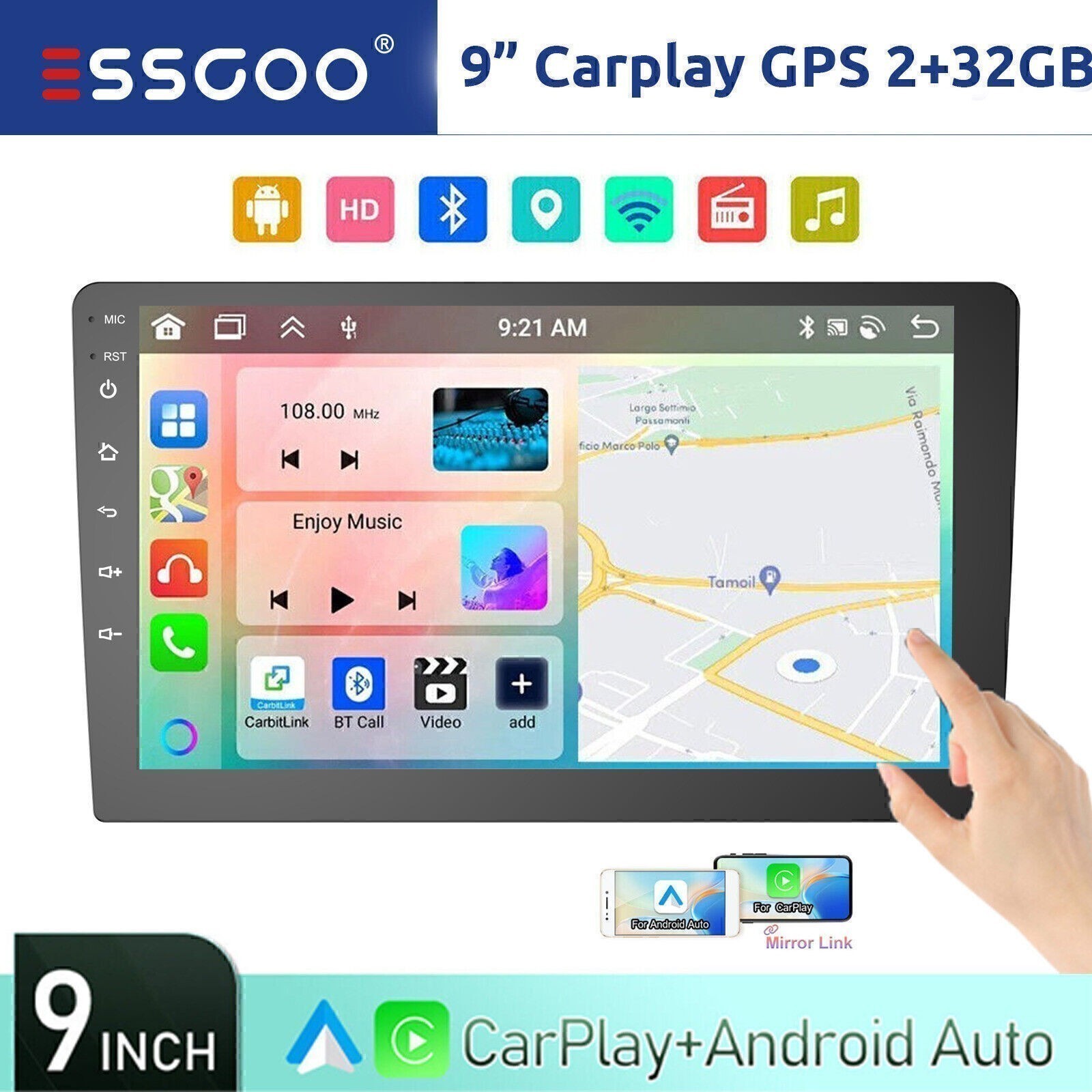 9″ 2 DIN Android 13 2+32GB Carplay Stereo Radio GPS Touch Screen Wifi Head Unit