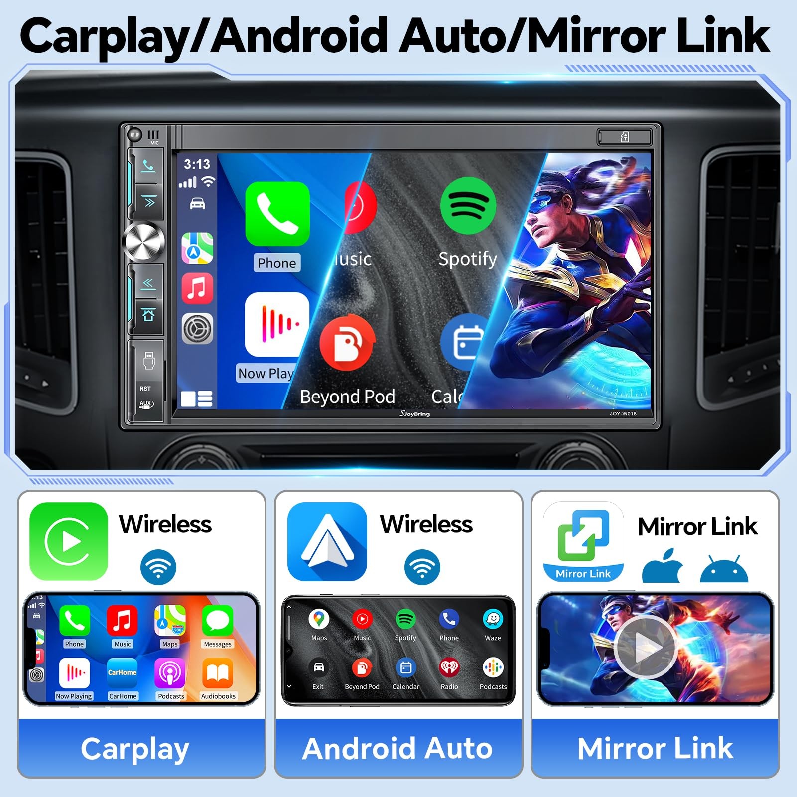QLED Double Din Car Stereo with Dash Cam & Backup Camera, Wireless Apple CarP…