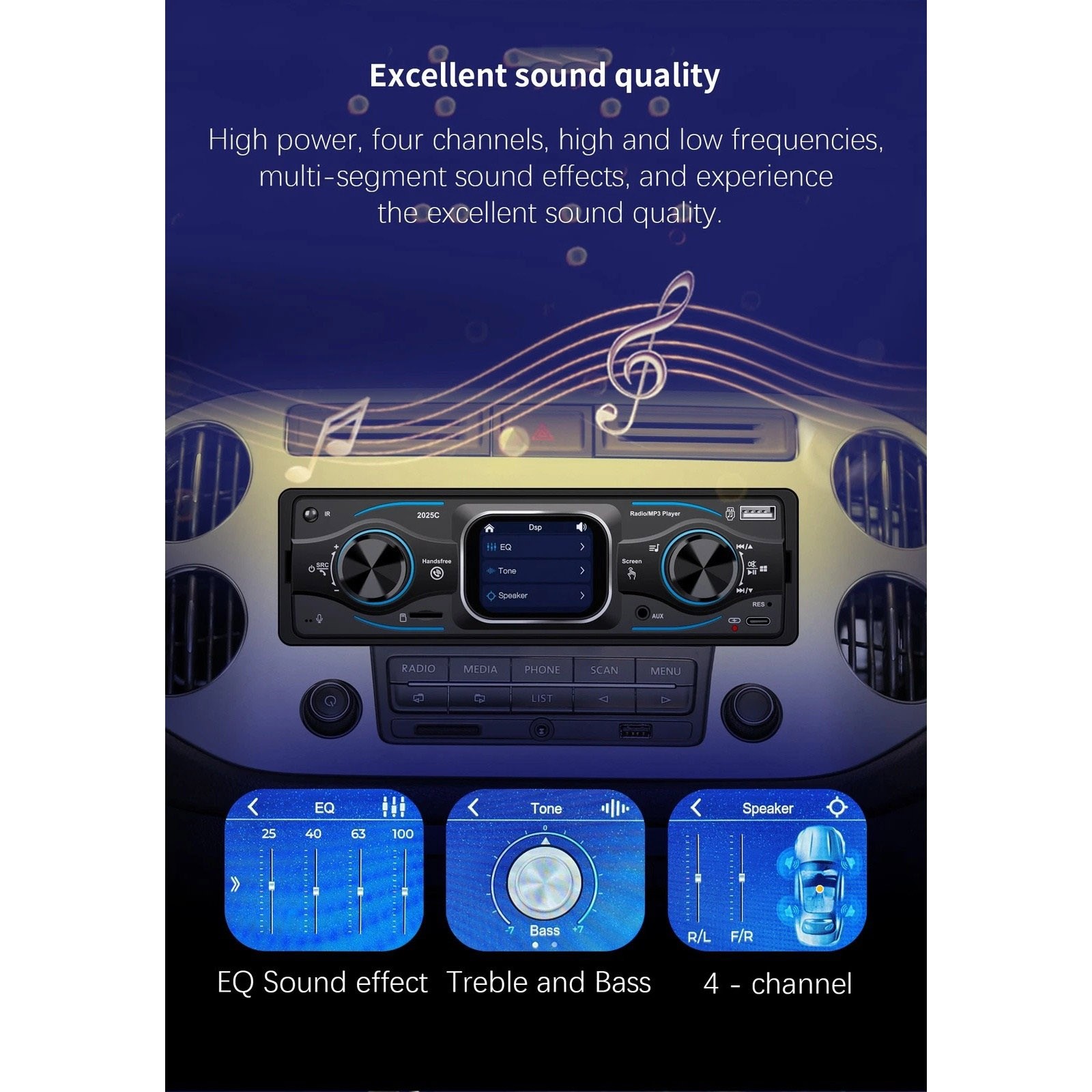 MP3 Car Radio with Steering Wheel Control, Bluetooth A2DP USB TF Card Reader