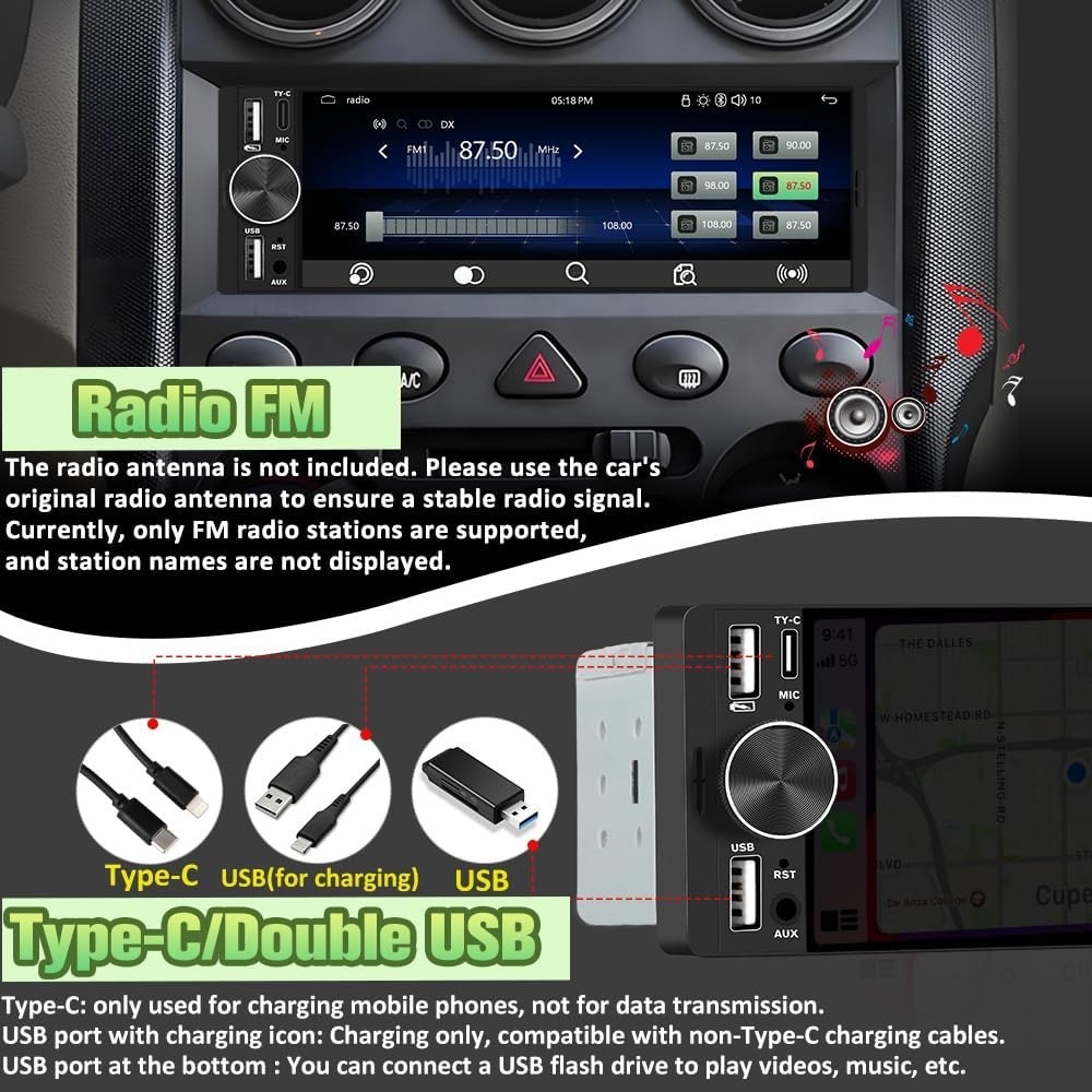 6.36″ Single Din Car Stereo with Wireless CarPlay & Android Auto, IPS Touchsc…