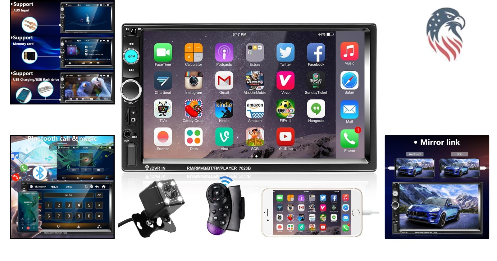 Universal Double Din Car Stereo 7 Inch Touchscreen Bluetooth USB FM Mirror Li…