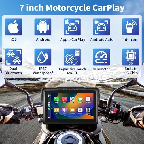 Motorcycle CarPlay Screen 7″, Waterproof GPS Display for Motorbike, Dual Mount