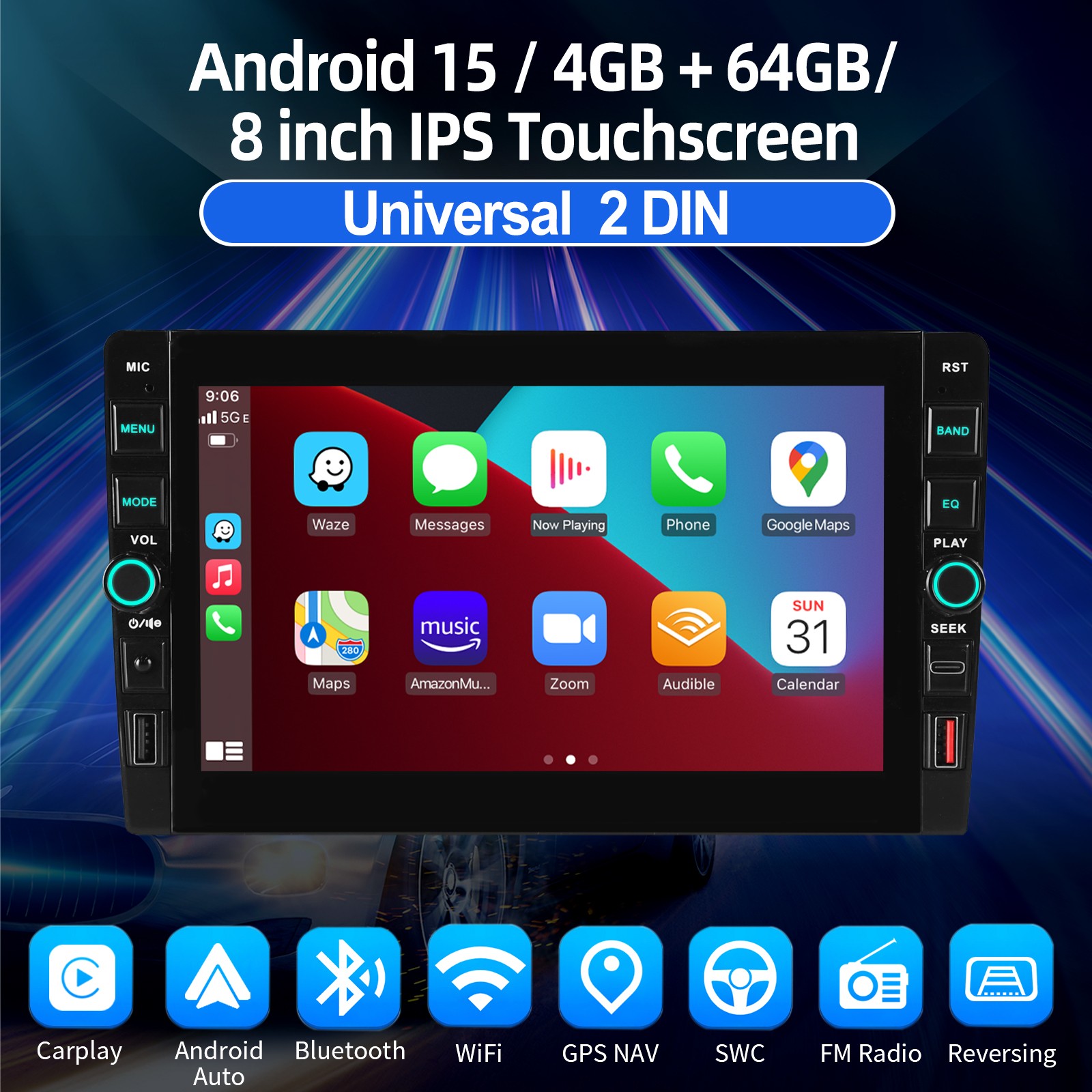 8″ Android 15 Car Stereo Radio 2DIN 4+64GB GPS Navi USB WiFi Carplay SWC BT+AHD