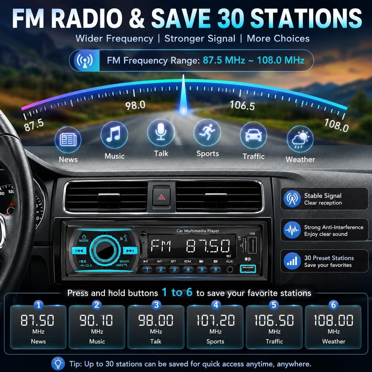 Single Din Radio Car Stereo Bluetooth,Radio Head Unit with FM/Dual USB/AUX/TF…
