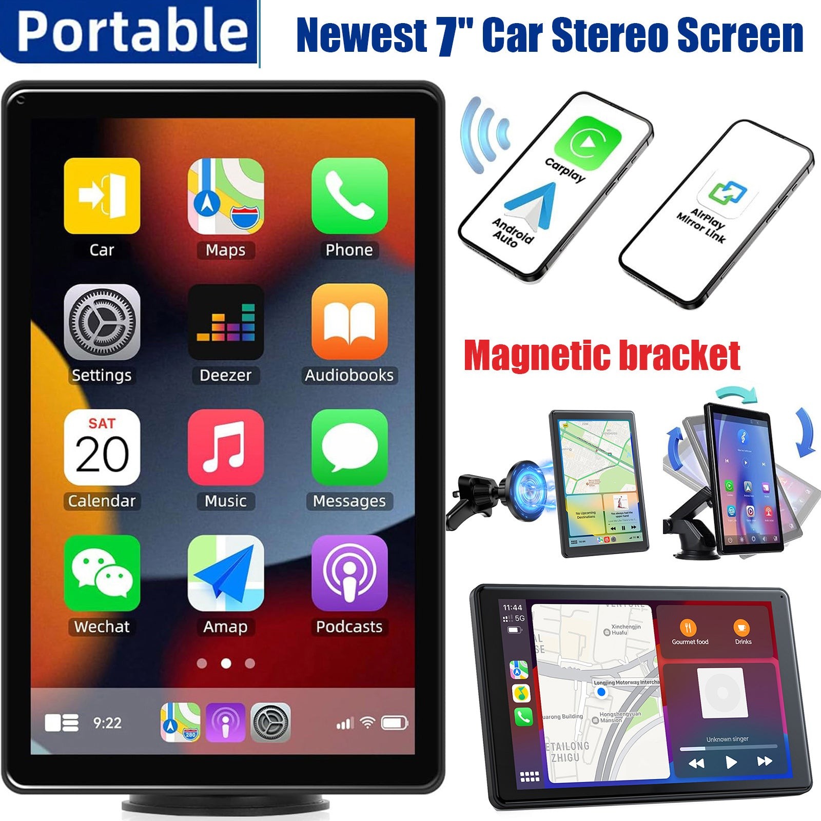 Portable 7″ Touchscreen Car Stereo Radio Wireless Apple Carplay/Android Auto GPS