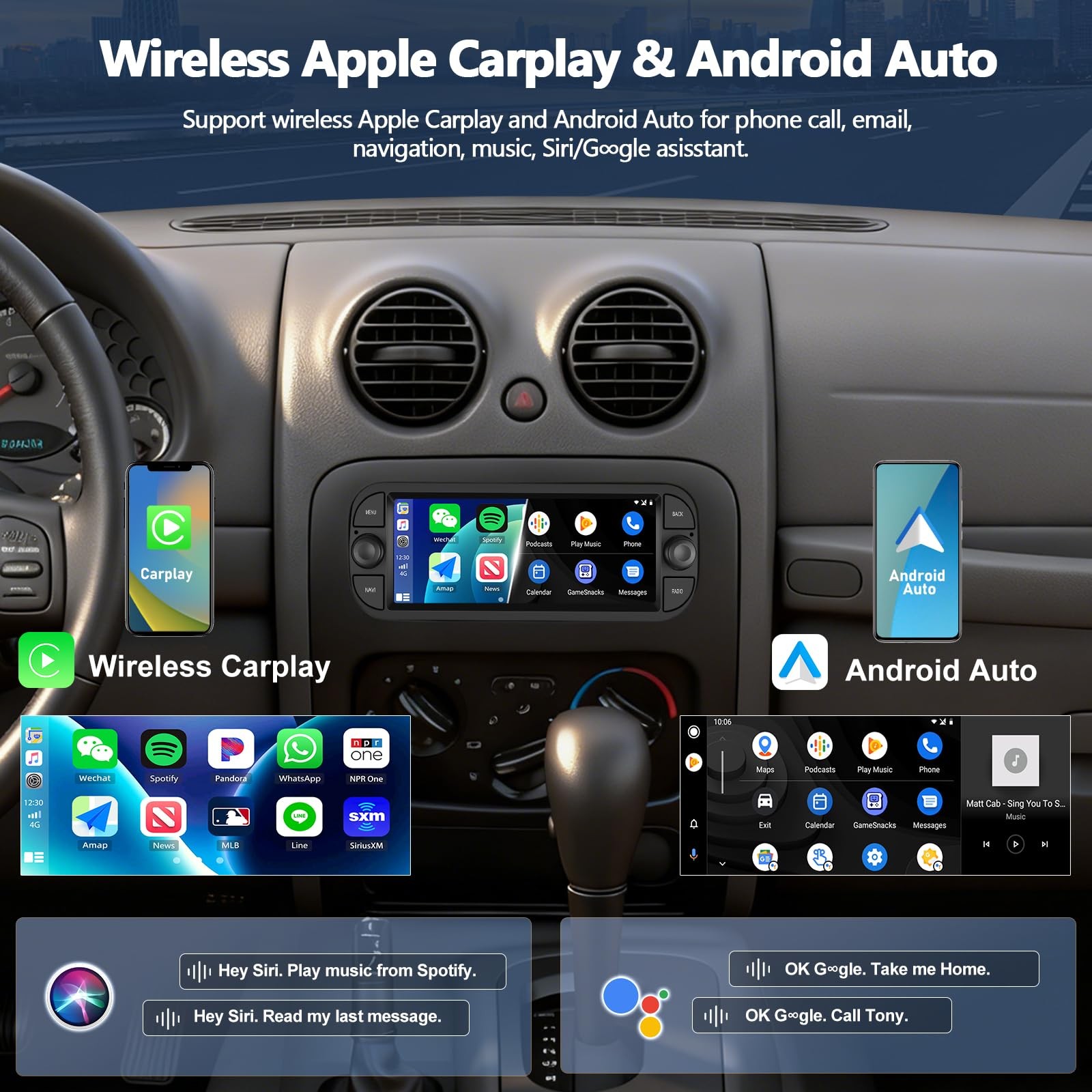 6.8″ Touchscreen Wireless Carplay Android Auto Stereo for Ram, Wrangler, Liberty