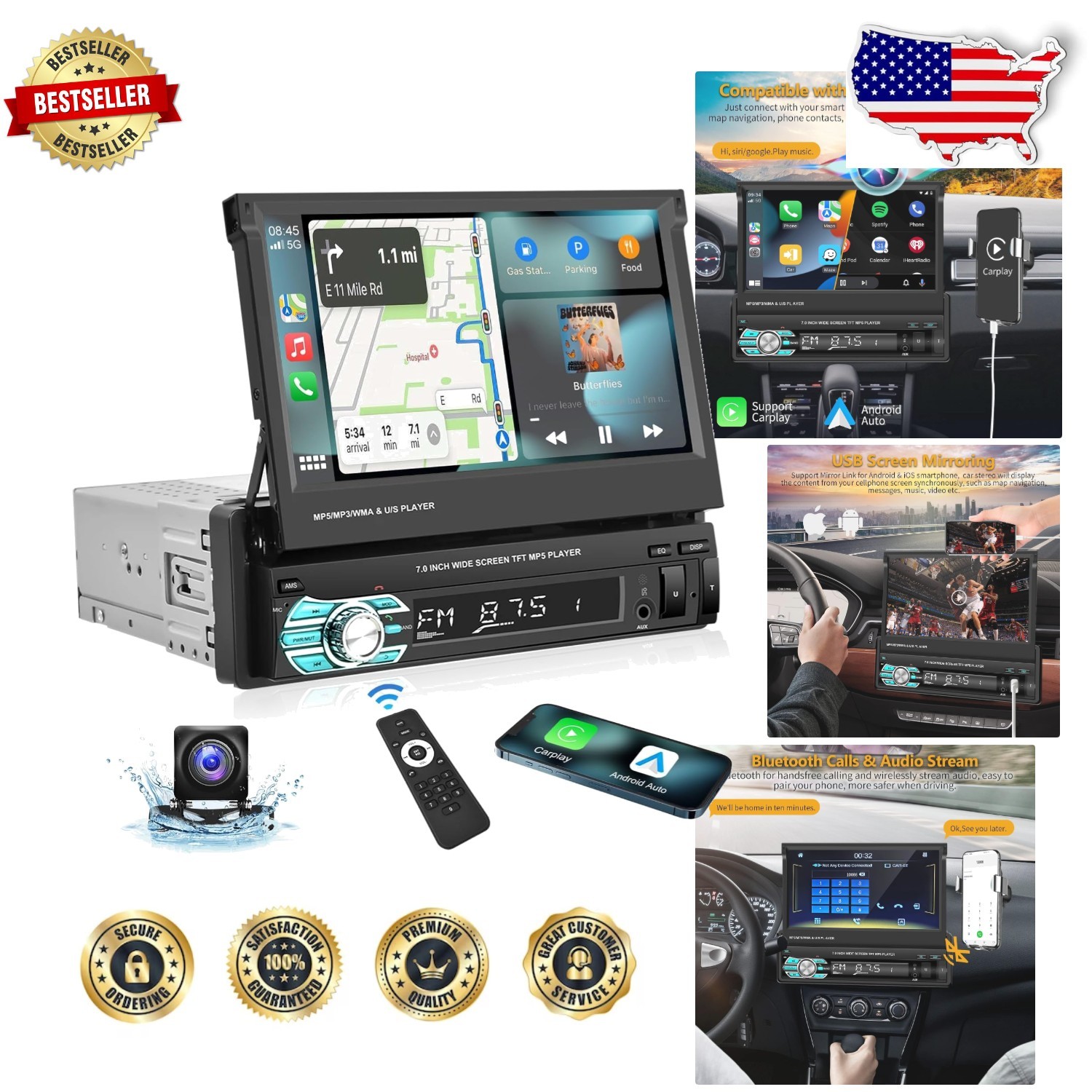 Single Din 7″ Touchscreen Car Radio MP5 Bluetooth CarPlay Android Auto