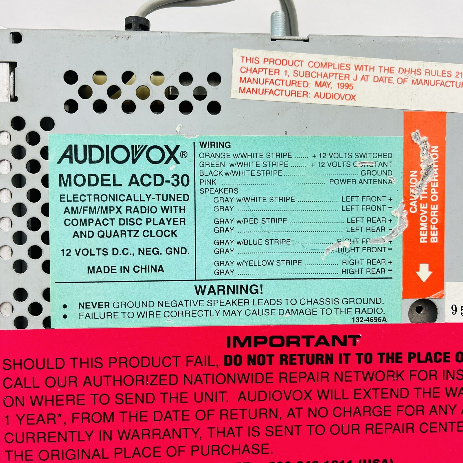 Audiovox AM FM MPX Radio With Compact Disc Player Model ACD-30