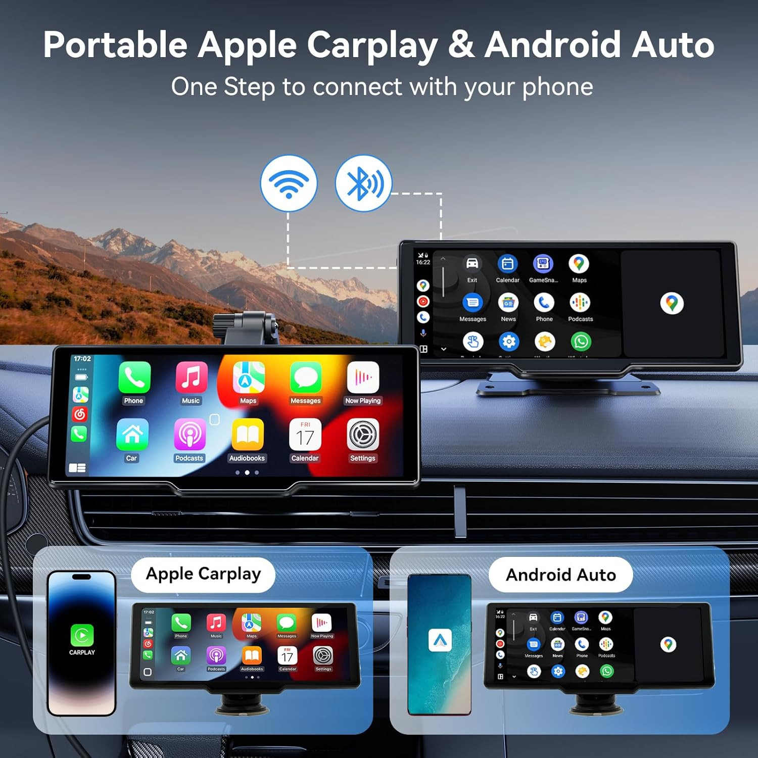 Portable Carplay Screen for Car, 10.26″ Wireless Carplay Car Stereo & Android Au