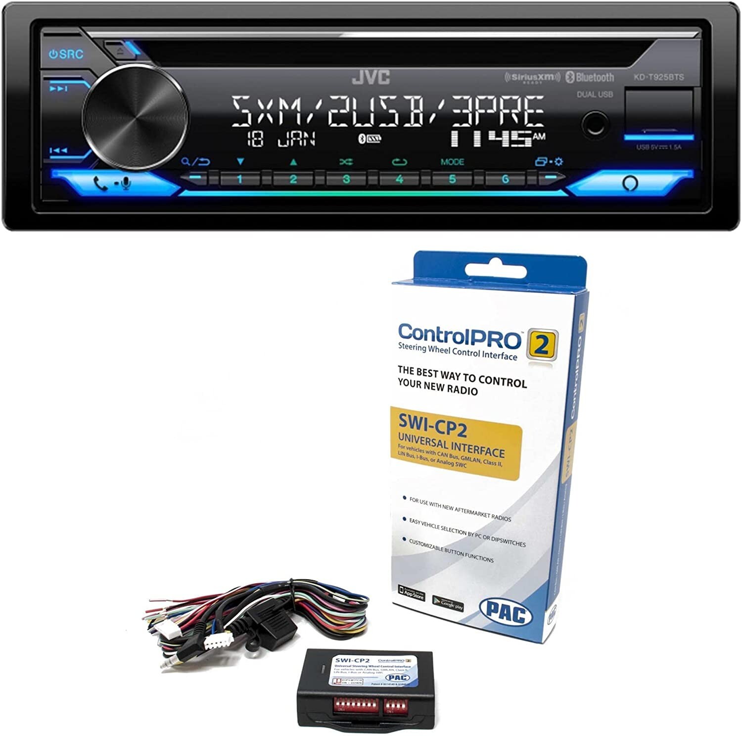 JVC KD-T925BTS Single-Din CD Receiver + PAC SWI-CP2 Steering Wheel Interface