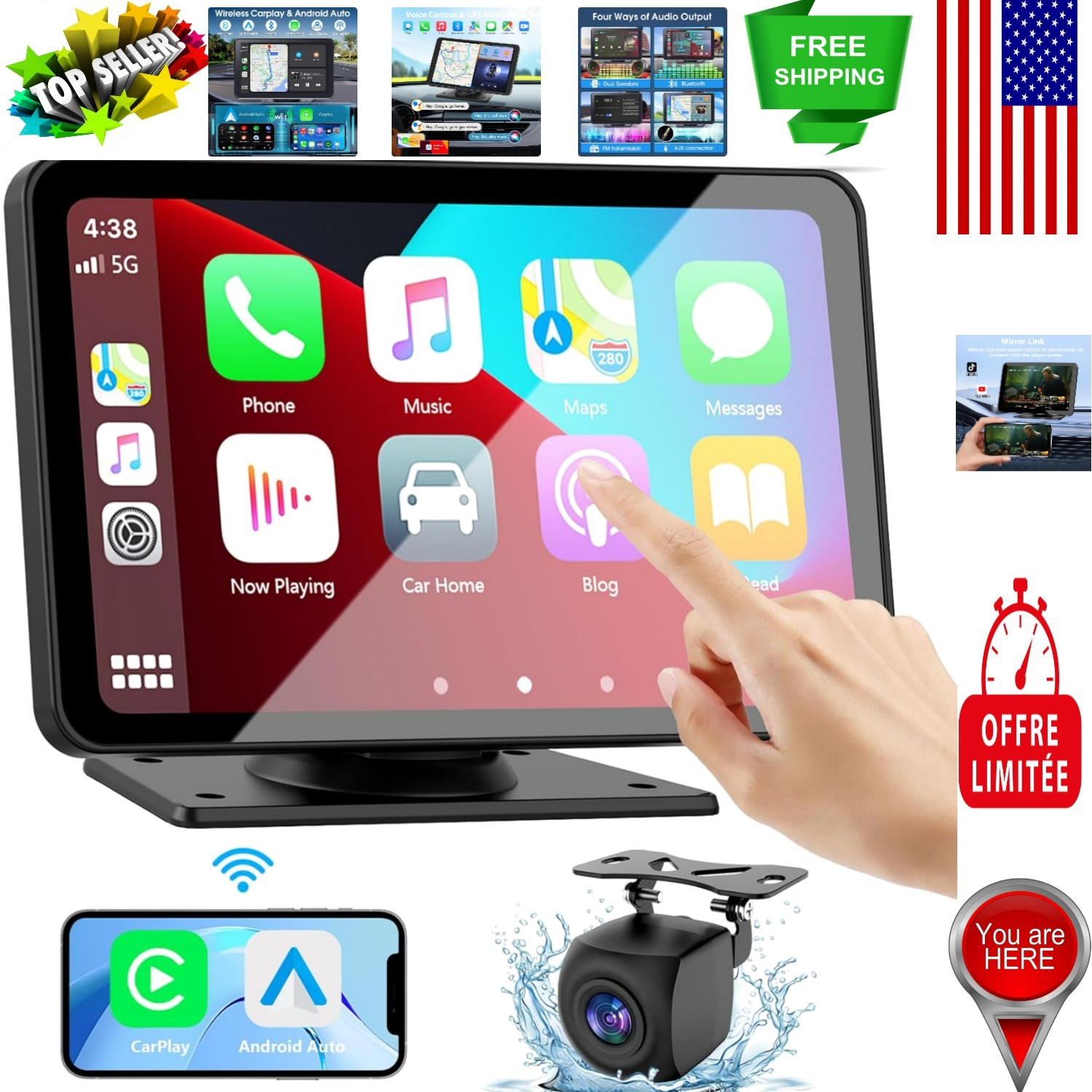 7-Inch HD Wireless Carplay & Android Auto Touchscreen with Backup Camera
