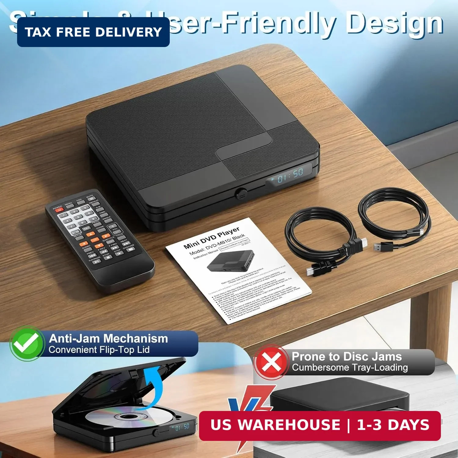 Mini DVD Player with Remote Control – All Region Free 1080P HD Small Compact CD