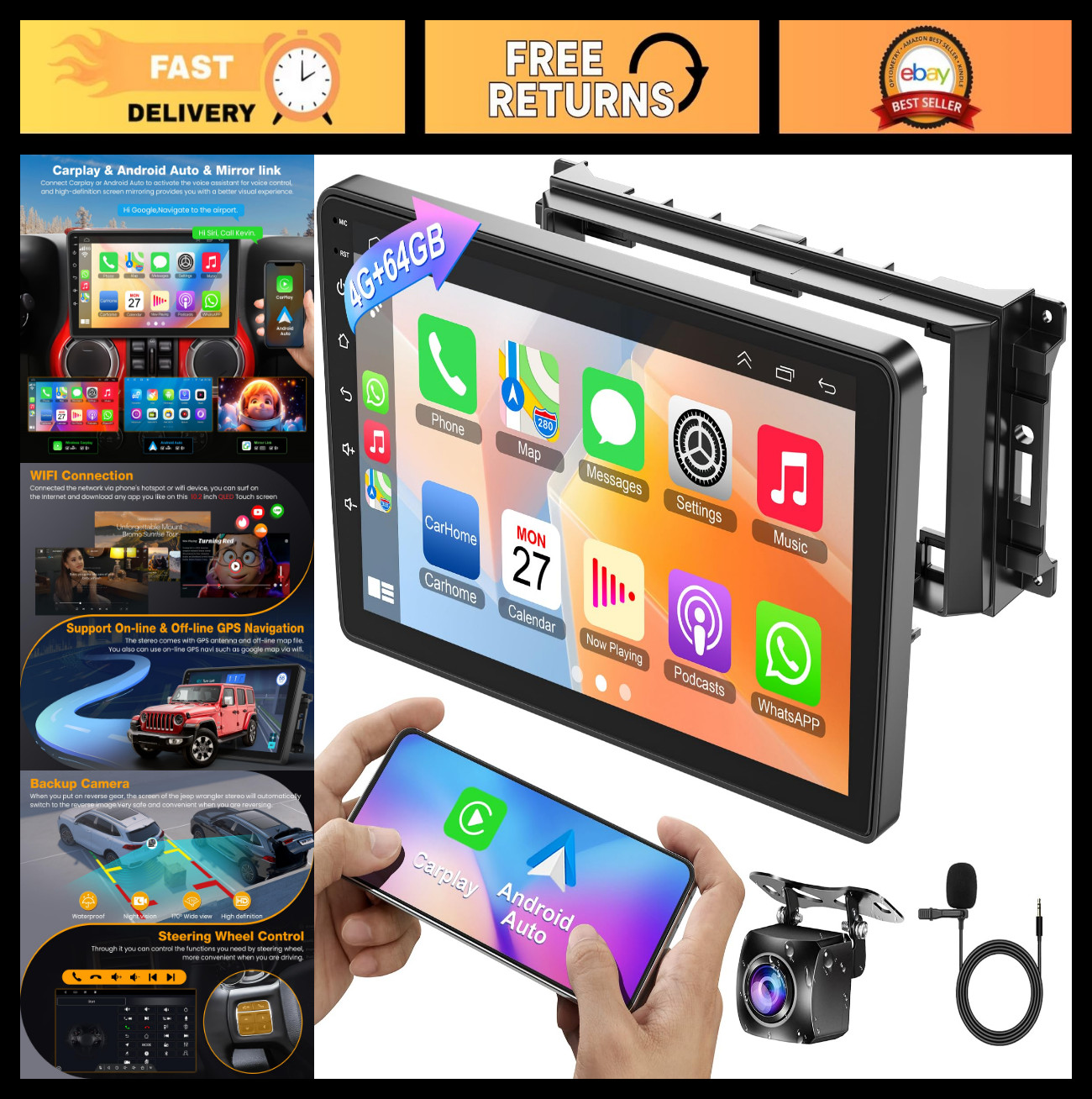 10.2″ QLED Touch Screen Car Stereo for Jeep Wrangler & Dodge Ram, Android 15, Wi