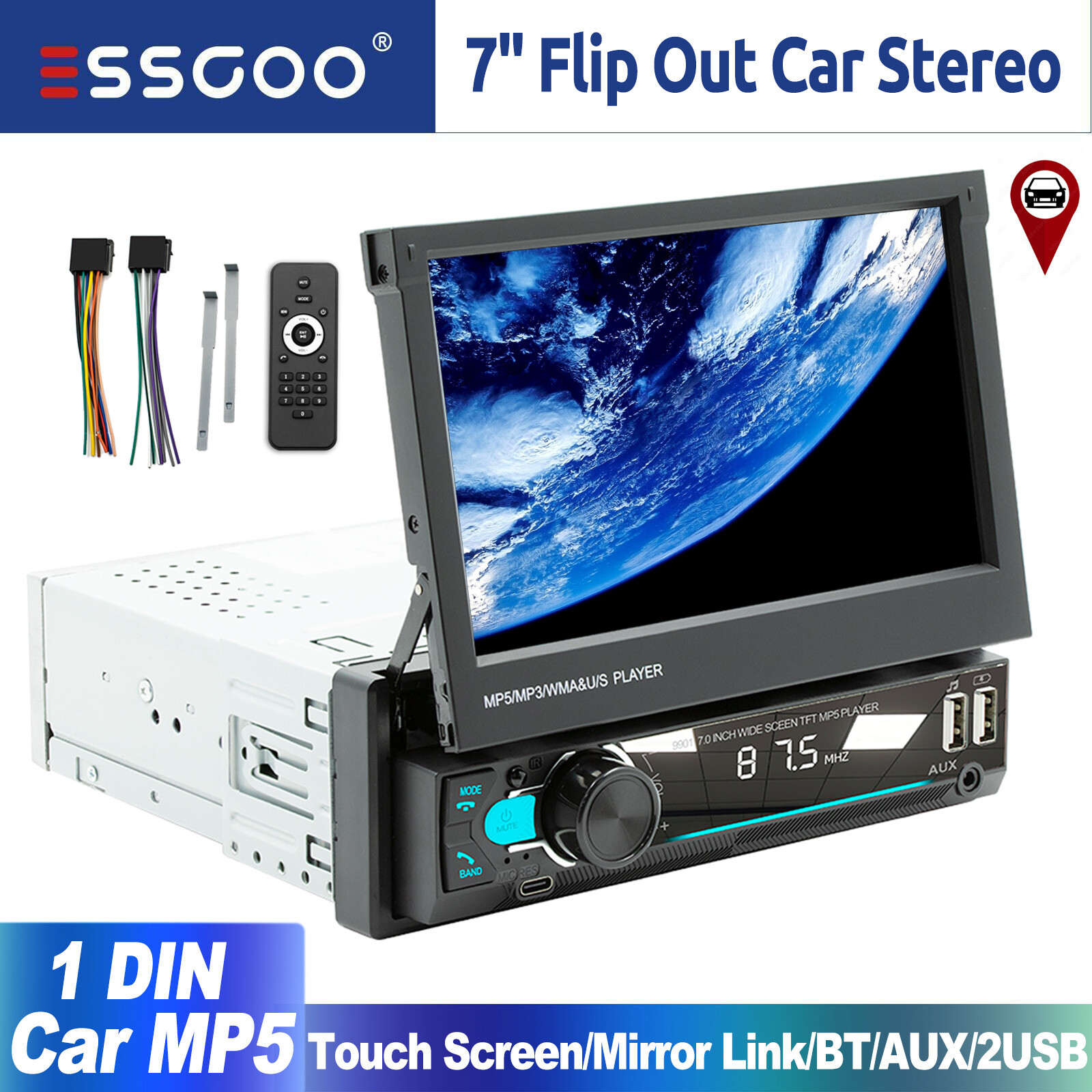 ESSGOO 7” Flip Out Car Stereo Radio Touch Screen AUX Bluetooth 2 USB 1 DIN FM