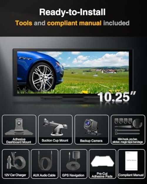10.25″ CarPlay Screen with Dashcam & Apps, Built-in Google-Play & 6GB+128GB,