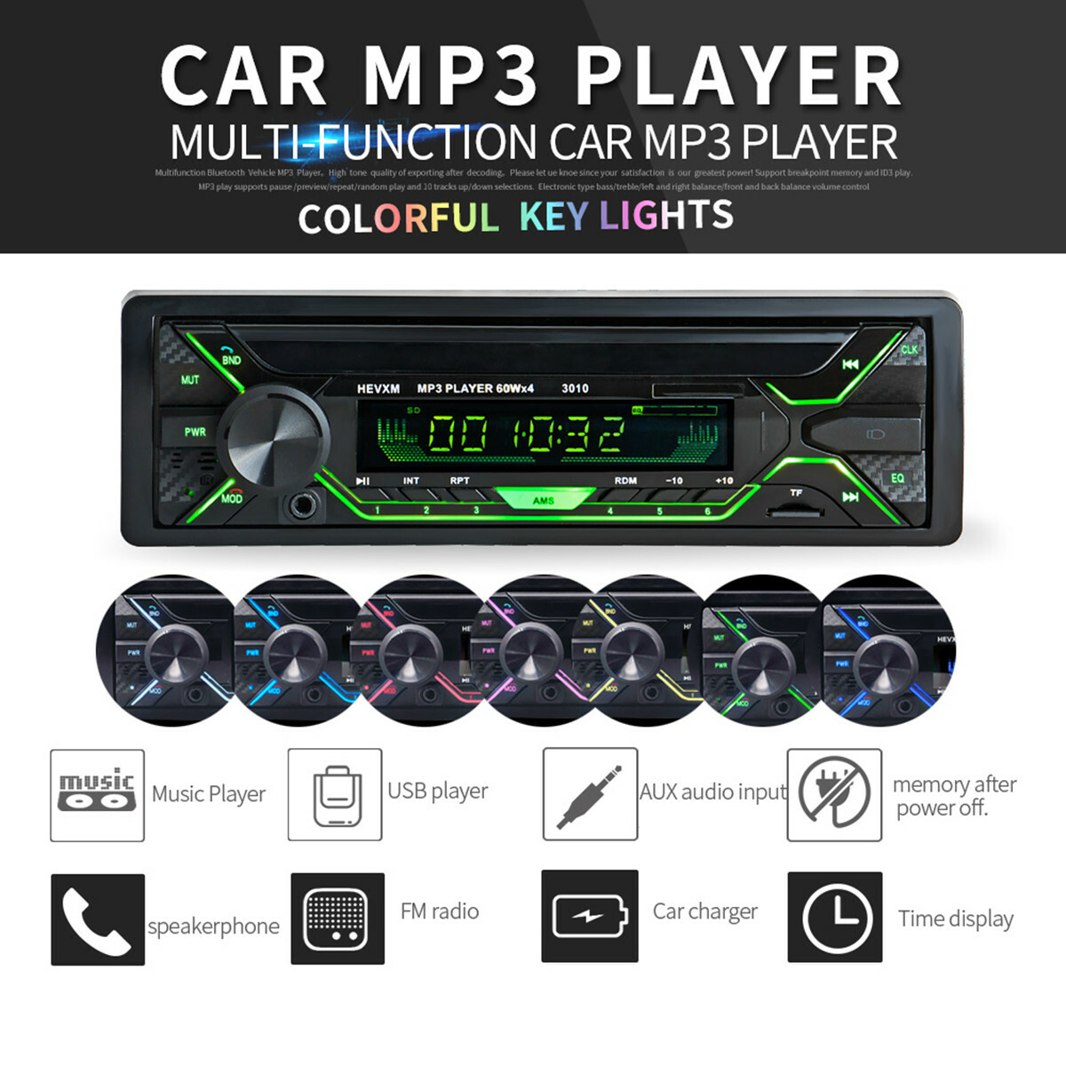 12V 1 Din Car Radio Bluetooth Stereo FM/USB/AUX/SD In-dash Head Unit MP3 Player