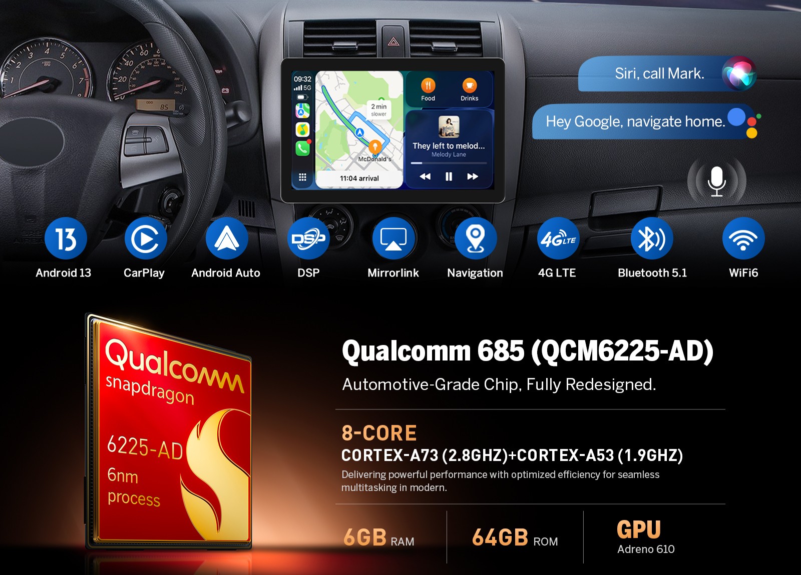 10.1 inch Android 13 Car Stereo 2 DIN GPS Navi WIFI Rotatable Screen Head Unit E