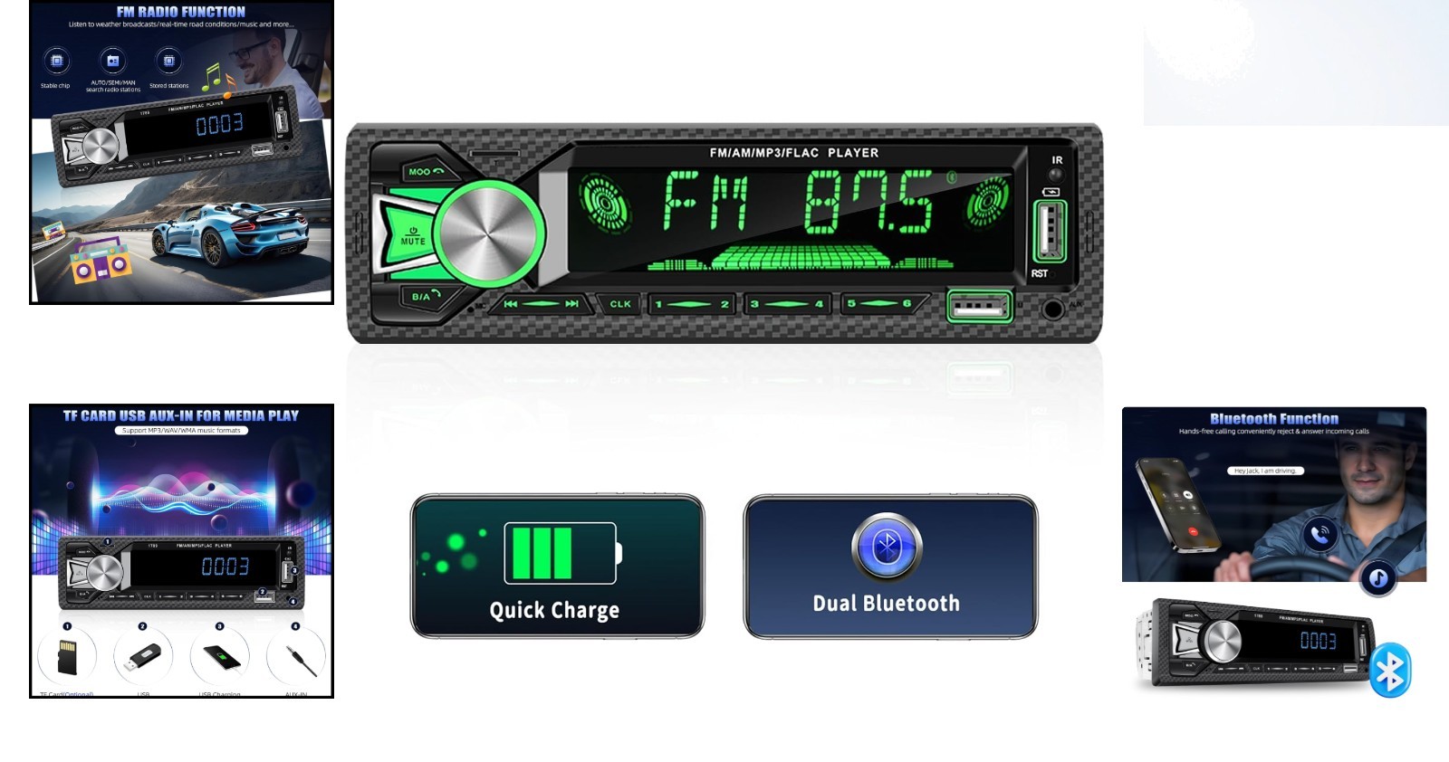Digital LCD Single Din Car Radio with FM, MP3 Player & RGB Backlit Buttons