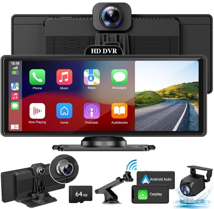 10.26″ Android Auto Screen Wireless CarPlay Car Stereo For Apple 4K Dash Cam BT