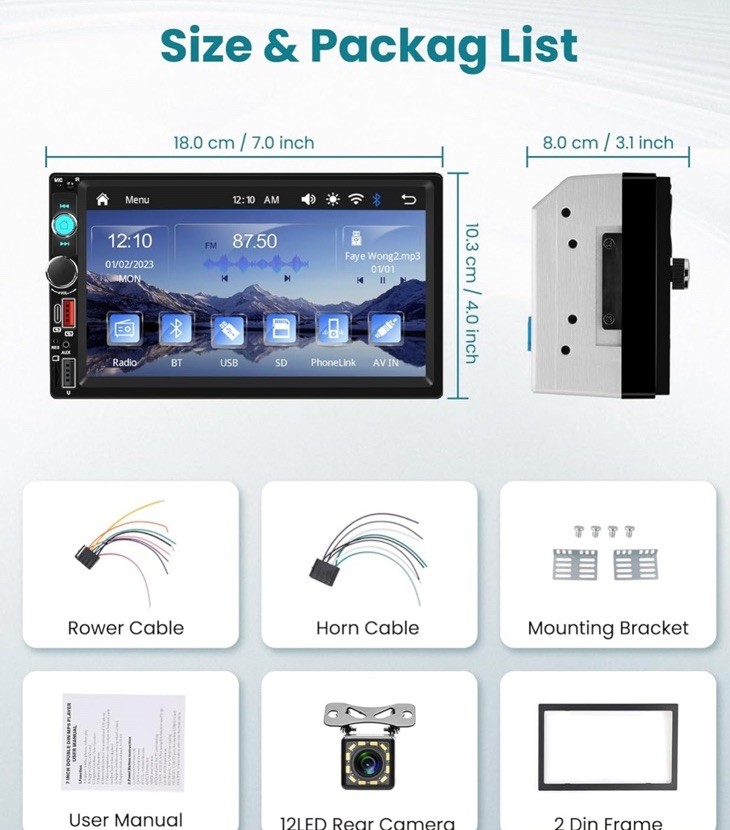 Double Din Car Stereo with Wireless Carplay & Android , 7 Inch HD Touch back up