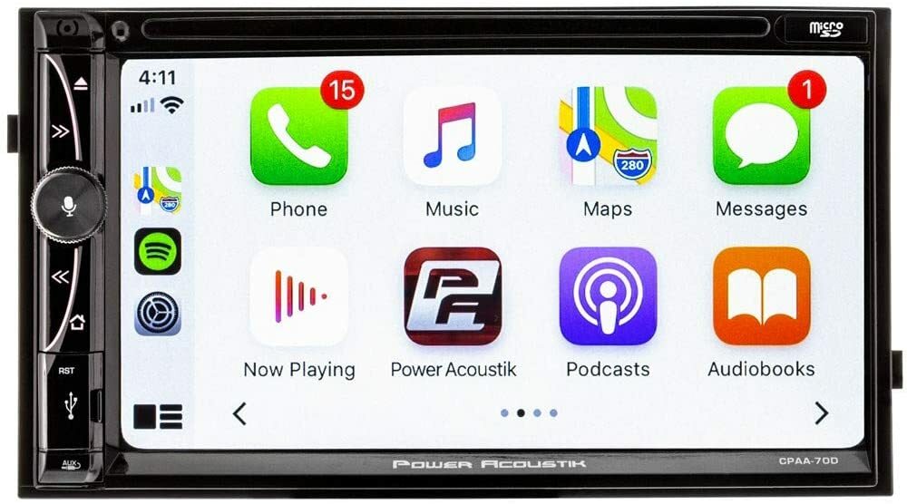 POWER ACOUSTIK DOUBLE DIN 7″ DVD PLAYER USB APPLE CARPLAY ANDROID AUTO CPAA-70D