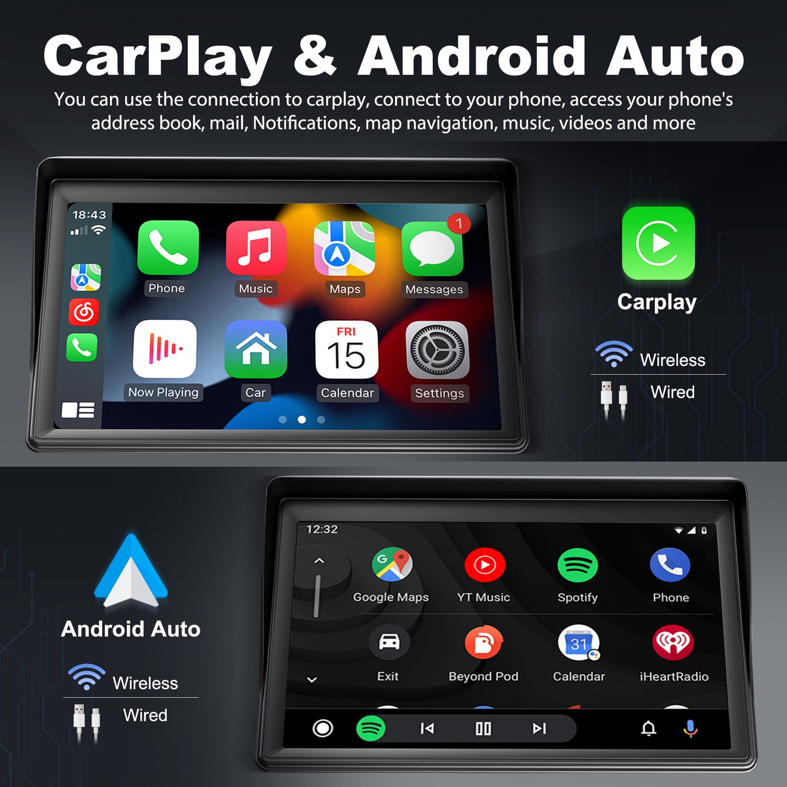 7” Portable Wireless Apple CarPlay Android Auto Touch Screen Car Radio Stereo