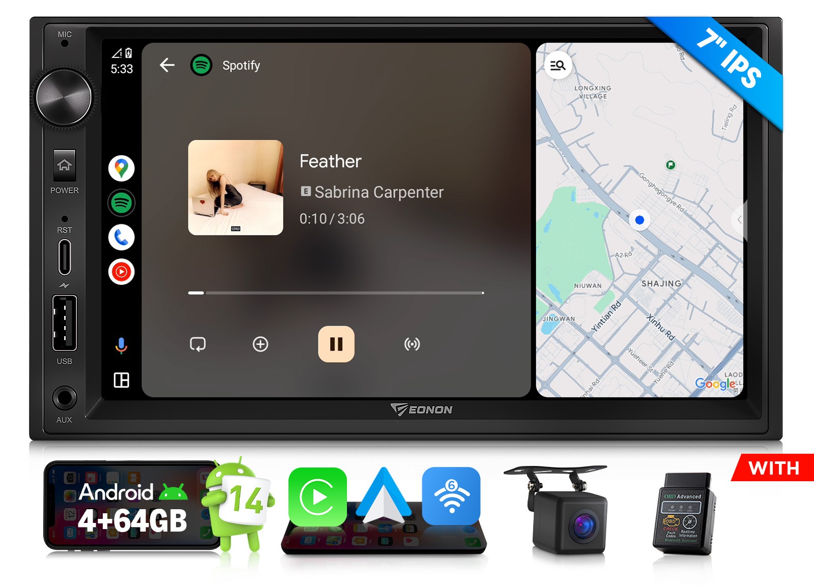 2 DIN Wireless CarPlay Car Stereo 7″ IPS Android 14 4+64 GPS Bluetooth Head Unit
