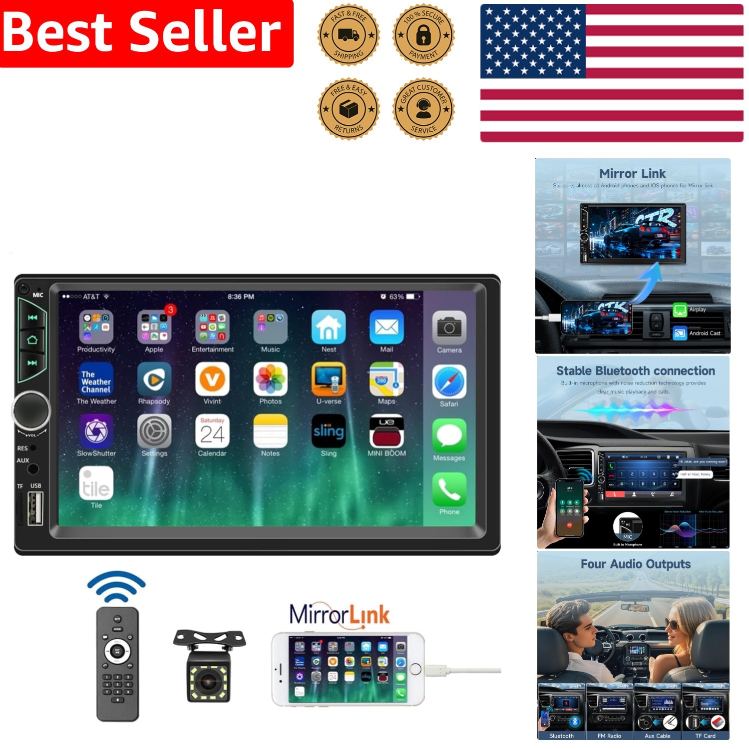 Double Din Car Stereo w/ Bluetooth Backup Camera FM MP3