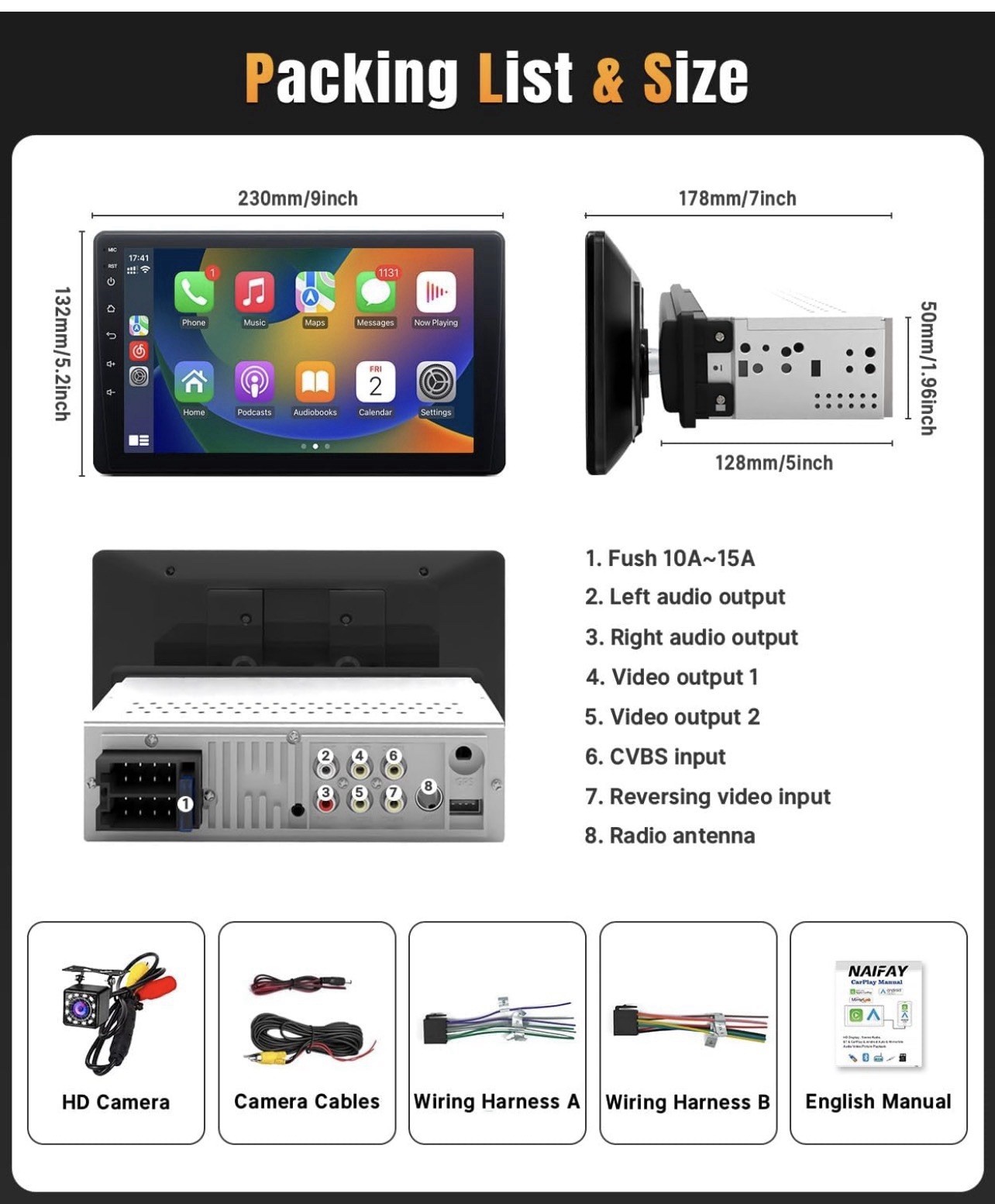 Naifay 9 Inch Car Stereo Single Din Radio Apple CarPlay & Android Auto Touchscre