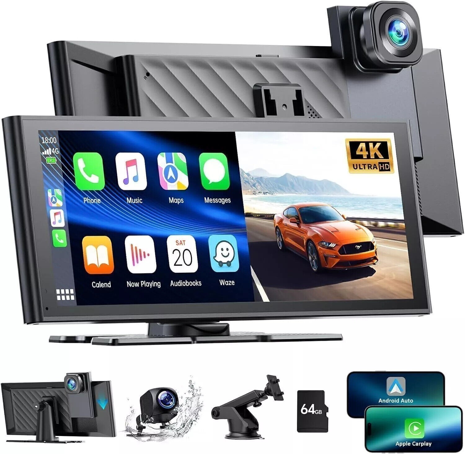 10.26″4K Dash Cam Car Stereo Radio Wireless Apple Carplay&Android Auto+1080P Cam